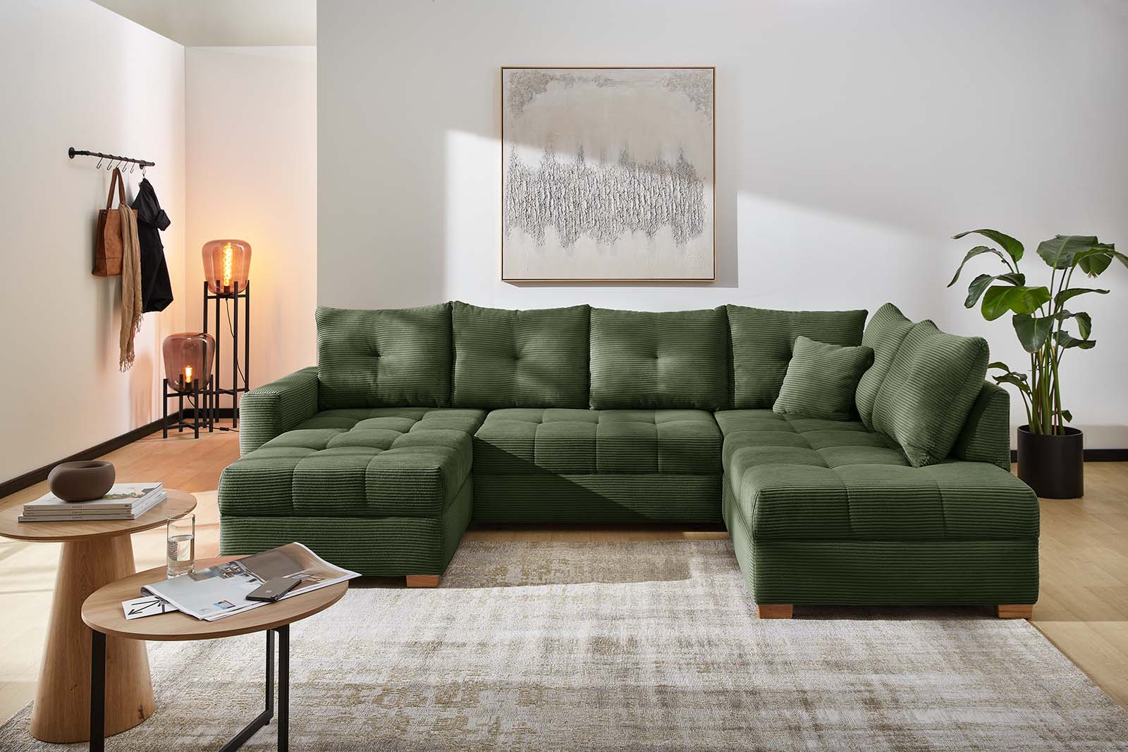 JOB Wohnlandschaft ABBY ca. 170x313x200cm in Dessin Cord grün, Couch, Mobiliar, Inneneinrichtung, Wohnzimmer, Tabelle