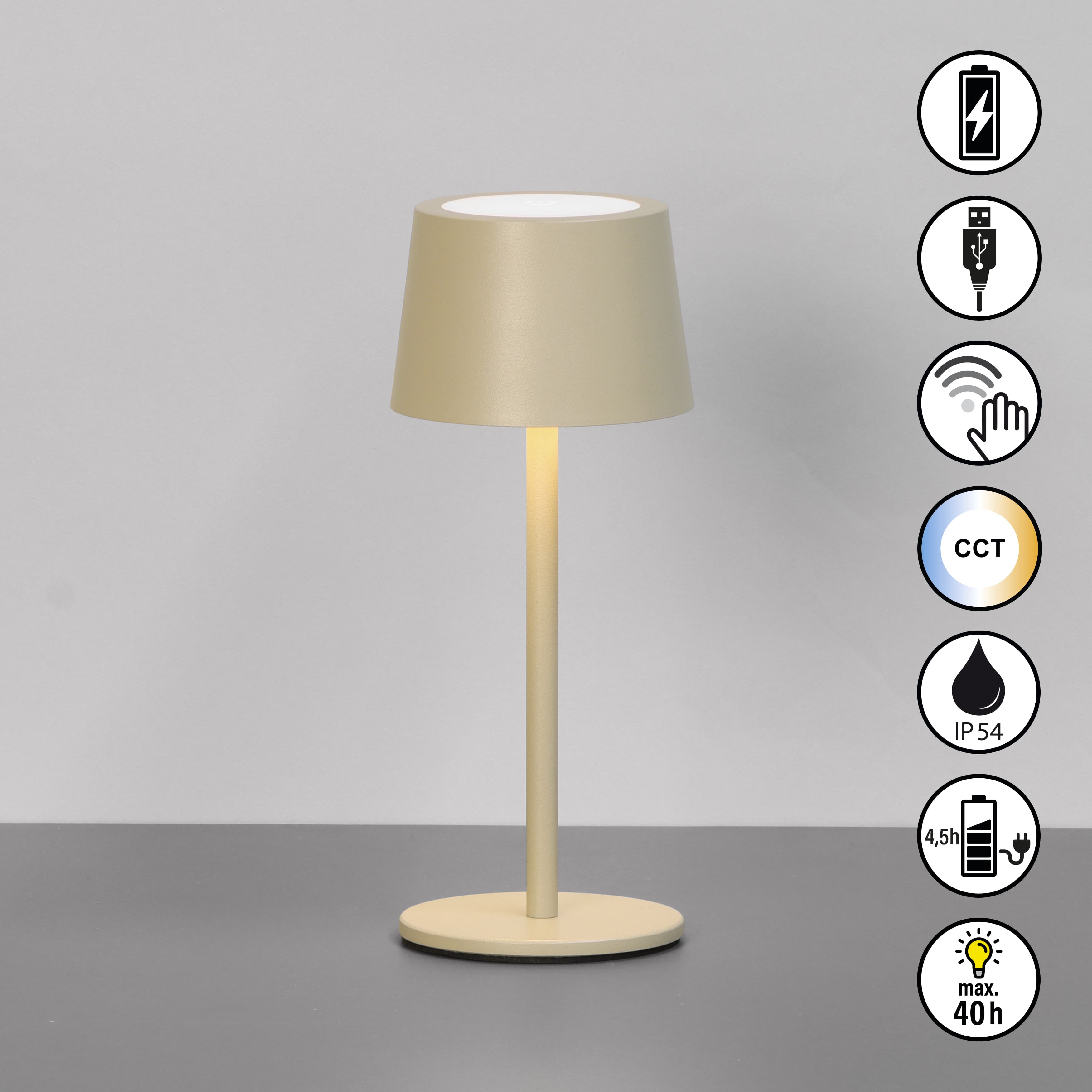 FH Lighting Tischleuchte BELLUNO in sandfarben, Akku, USB-Kabel