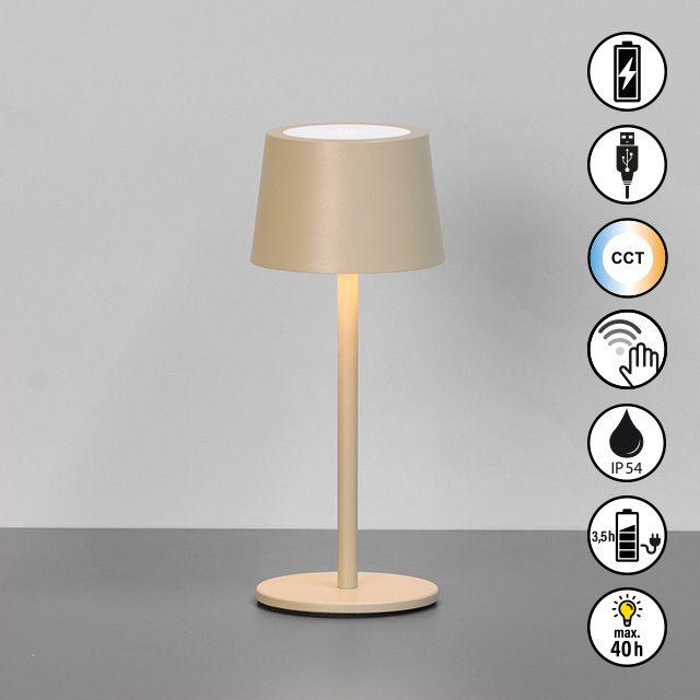 FH Lighting Tischleuchte BELLUNO in sandfarben, Akku, USB-Kabel, Tischlampe, Stehlampe, Holzlampe, Beige, Lampe mit Schirm