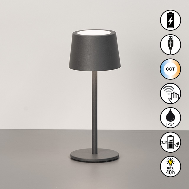 FH Lighting Tischleuchte BELLUNO in sandgrau, Akku, USB-Kabel, Tischleuchte, LED, grau, Rundschirm, Standleuchte
