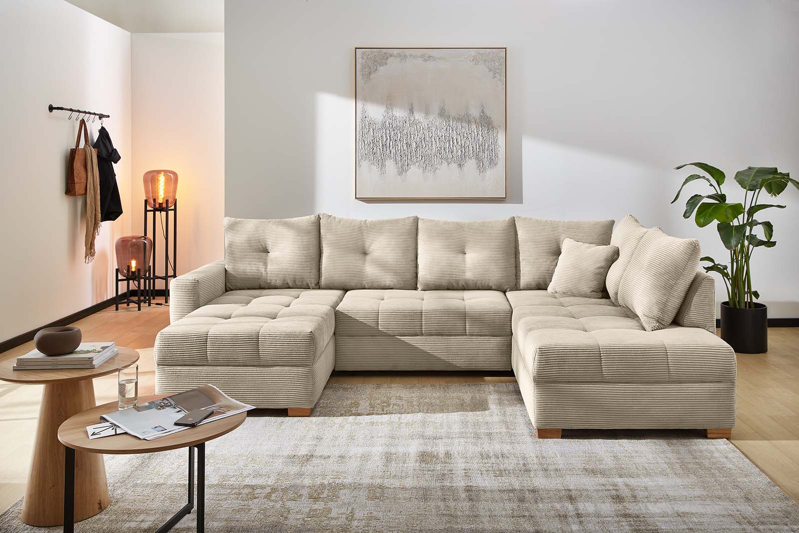 JOB Wohnlandschaft ABBY ca. 170x313x200cm in Dessin Cord light greige, Couch, Mobiliar, Inneneinrichtung, Wohnzimmer, Tabelle