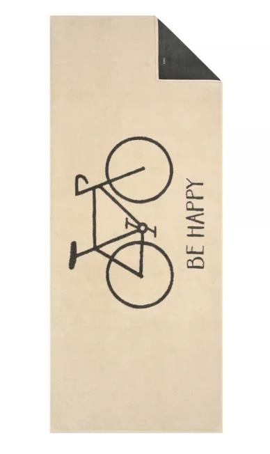 Cawö Saunatuch TRAVEL 70x180cm in Farbe beige, Seidenpapier, Fahrrad-Illustration, Be Happy, Kartonpapier, Beutel-Design