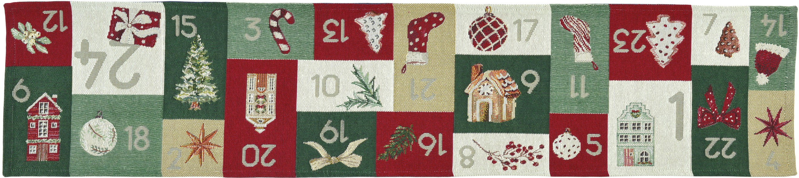 Sander Tischband XMAS CALENDAR ca. 20x96cm in Farbe original, Weihnachtsdecke, Adventsdecke, Adventskalender, gemustert, Winterdekoration