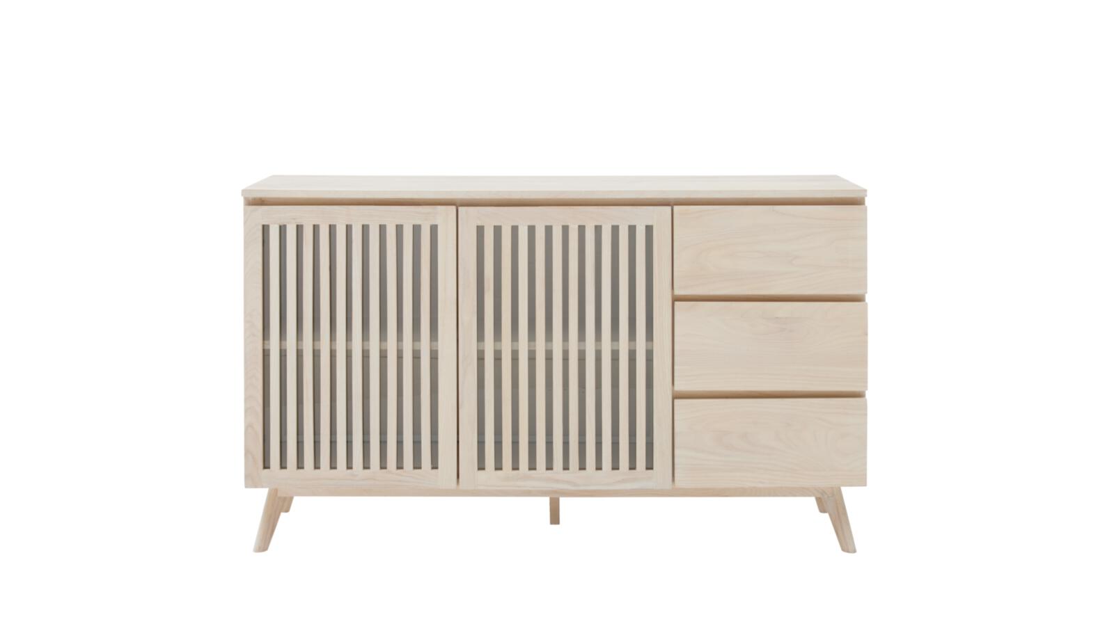 Roomio Sideboard NO. 2000 in Esche Echtholzfurnier, Fronten und Gestell massiv, weiß gewaschen