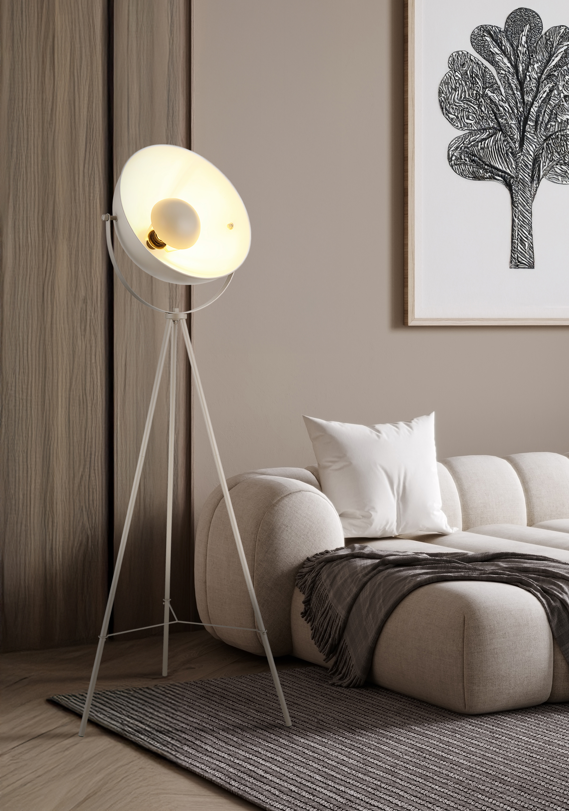 Stehleuchte in Fb. Sandfarben, Stehlampe, Beleuchtung, Wohnzimmer, Dreibein-Stativlampe, Raumdeko
