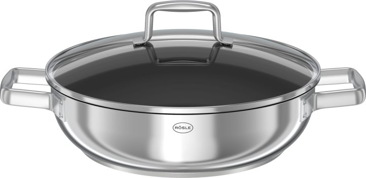 Servierpfanne Ø 28 cm in Schwarz, stahlpfanne, bratpfanne, glasdeckel, doppelte griffe, induktion geeignet