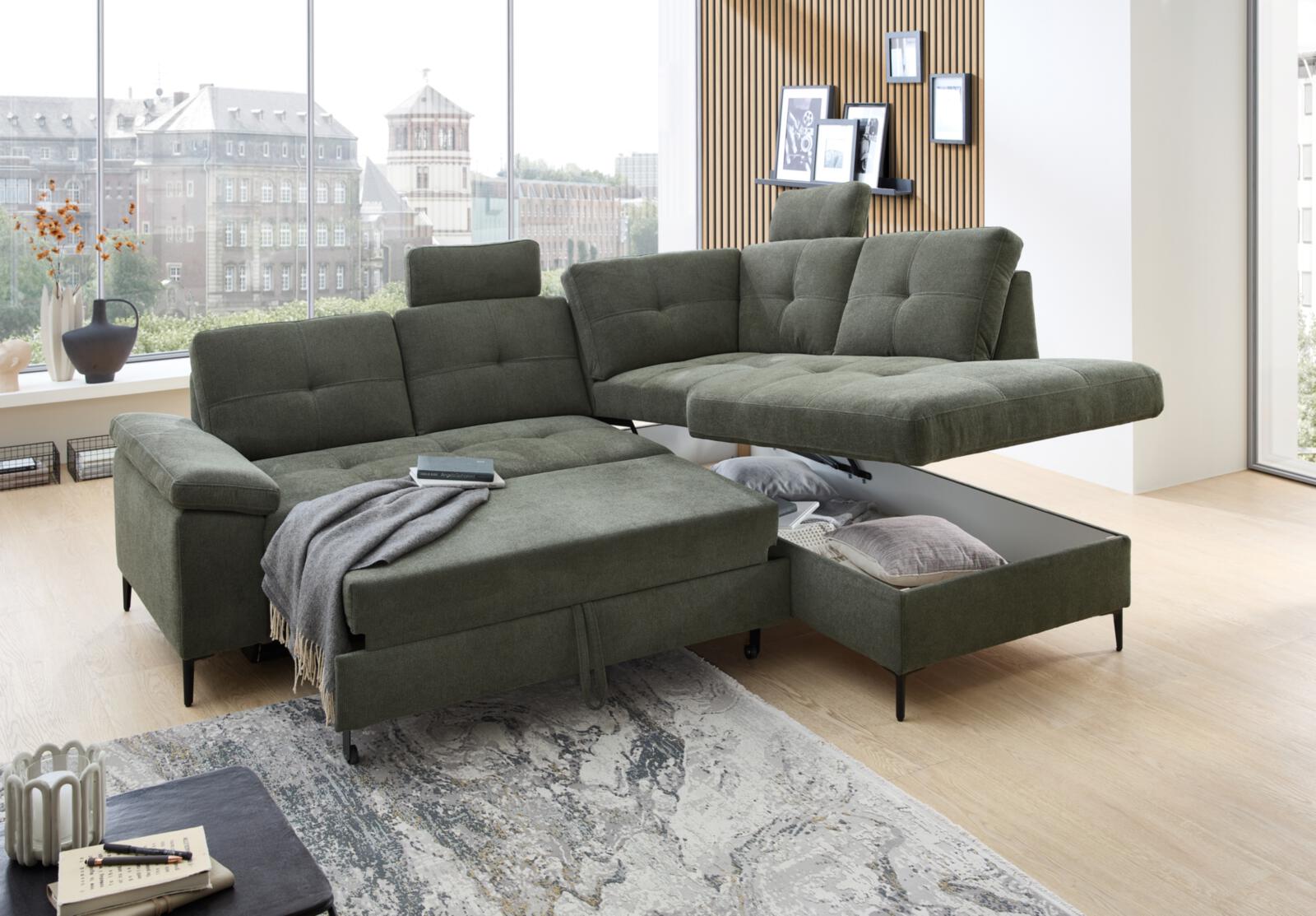 Polstergruppe WALI ca. 244x196cm ca. 184x115cm in Coroni grün, Ecksofa, Wohnzimmer, U-förmig, Grün, Stauraum