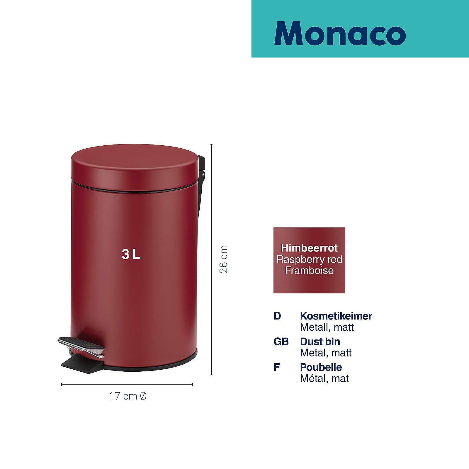 Kela Kosmetikeimer Monaco MONACO in Farbe Metall himbeerrot, Abfalleimer, Mülleimer, Metall, Rot, 3L, Abfalleimer, Müllbehälter, 3L, Metall, rot