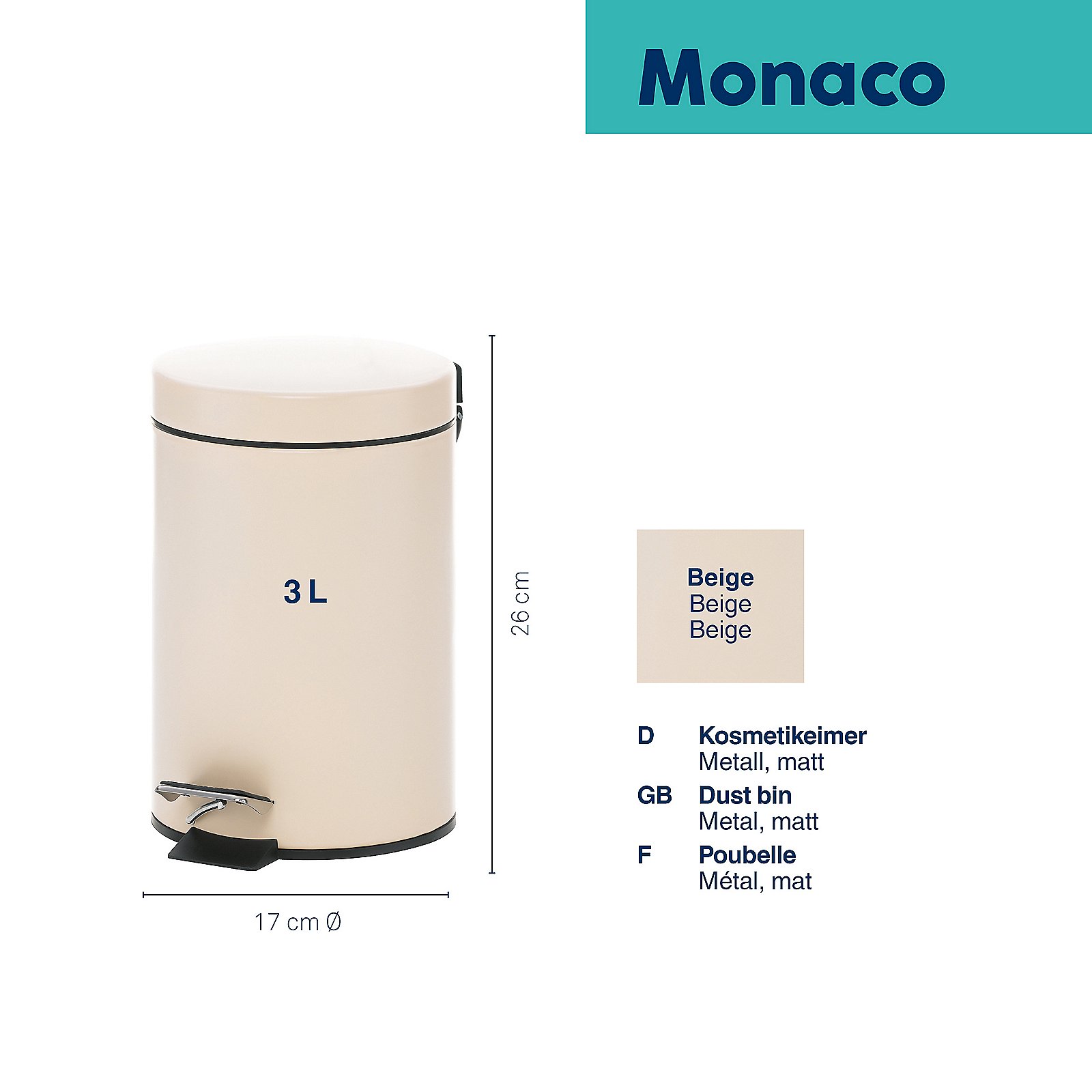 Kela Kosmetikeimer Monaco SABLE in Metall beige Kela Kosmetikeimer Monaco SABLE in Metall beige, Zylinder, Zinn