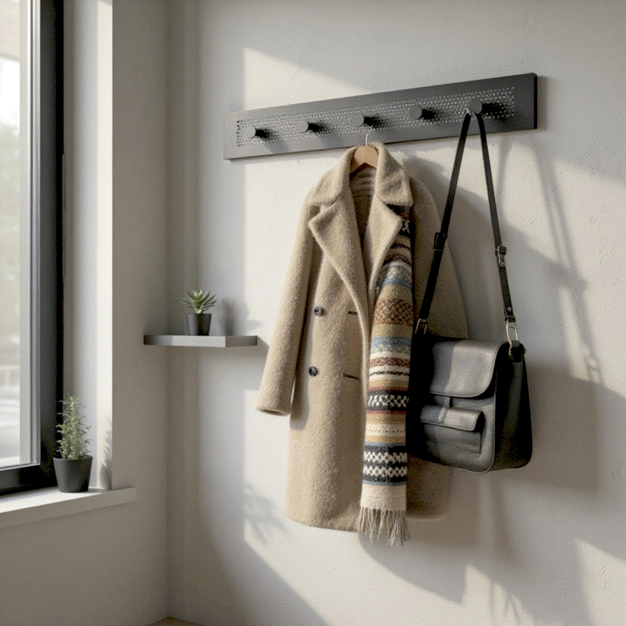 Garderobenleiste PEDRO in Schwarz, Blazer, Mantel, Schal, Gürteltasche, Kleidung-Set, Mantel, Wollmantel, Beige, Schal, Tasche