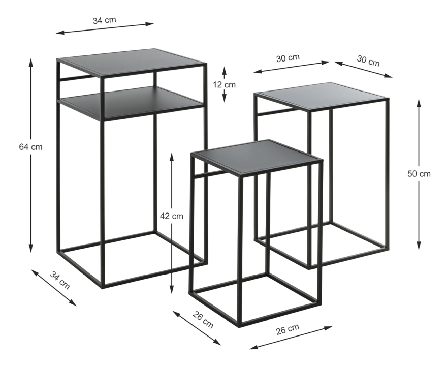 Haku Möbel Beistelltisch 3er Set in schwarz, ca. B 26 x H 42 x T 26 cm