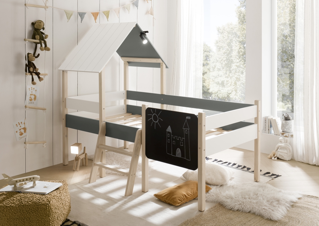 Pol Power Hausbett KIAMA ca. B123 H165 T210 cm in Weiß Petrol/Natur, Dekoration für Zuhause, Mobiliar, Tabelle, Bett, Drinnen