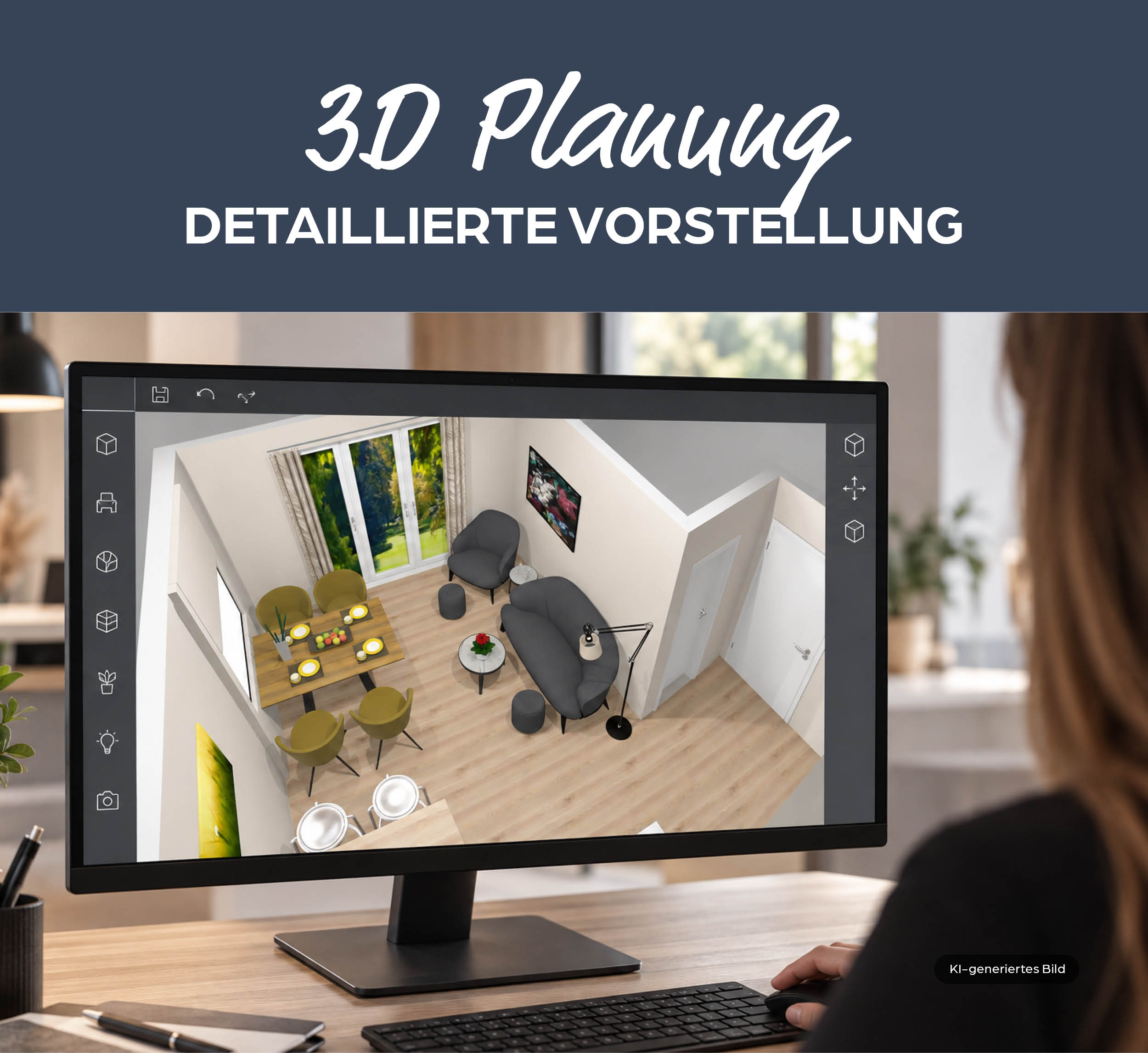 3D-Planung, Wohnzimmer-Layout, Raumgestaltung, digitales Modell, Sitzgruppe