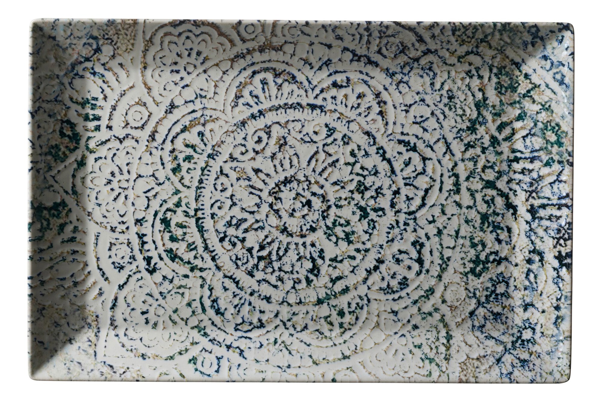 Ritzenhoff & Breker Platte LUIGI 30x20cm aus Steinzeug beige/blau/grün, Druckteller, Fliesenmuster, Rundmuster, Kunstige Oberfläche, Graviertes Design