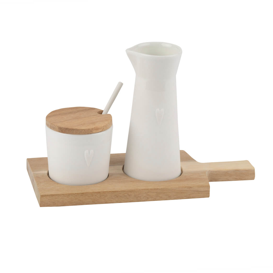 Milch- und Zuckerset in Farbe weiß, Käsefondue-Set, Holzbrett, Schaumlöffel, Keramik-Behälter, Weißes Keramikgefäß