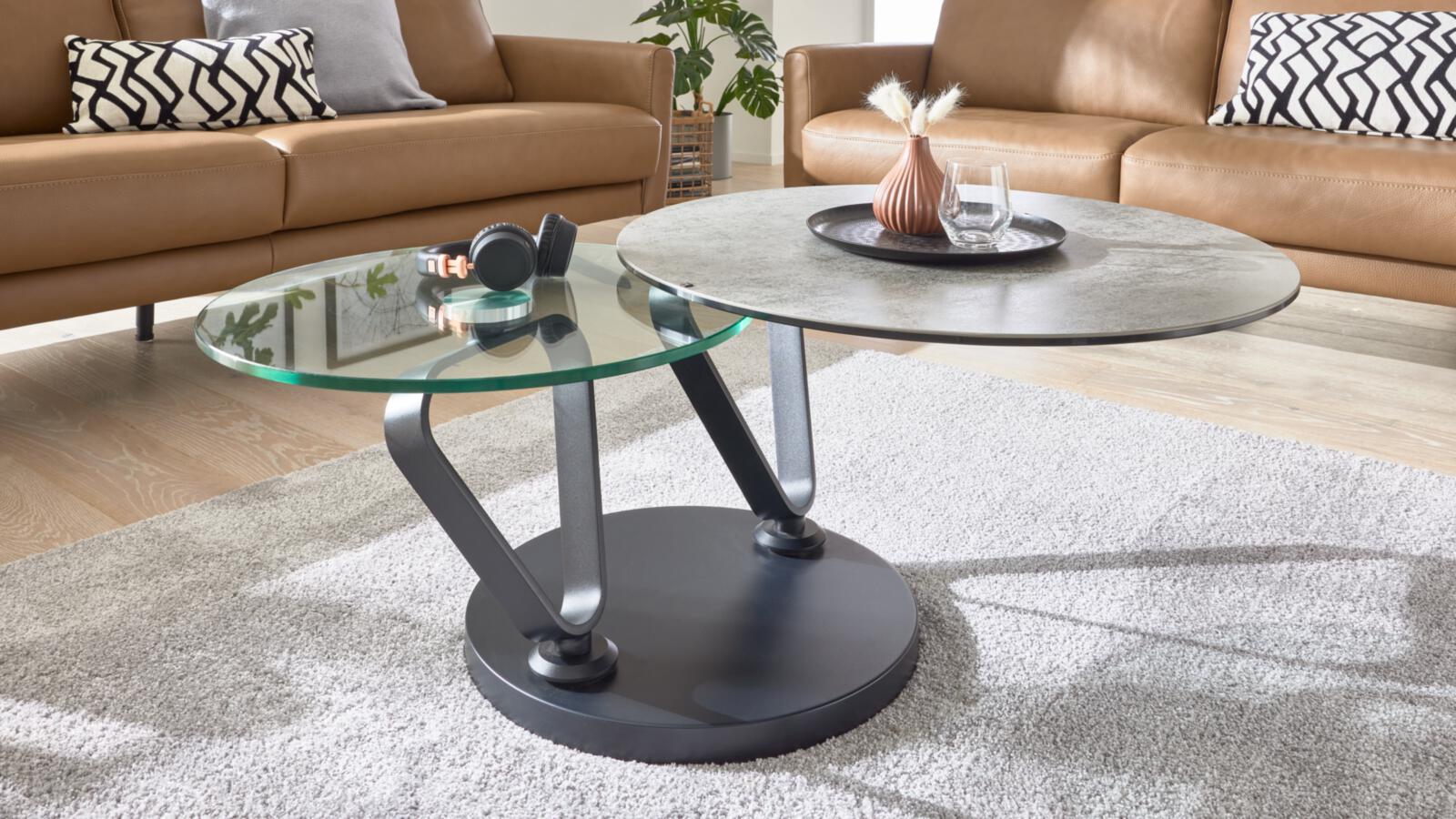 // Couchtisch // Keramik silver/Temperglass // Metallgestell schwarz // Durchm. ca. 75/130cm, H 41,5cm, Beistelltisch, Glasplatte, Metallbasis, runder Tisch, Wohnzimmermöbel
