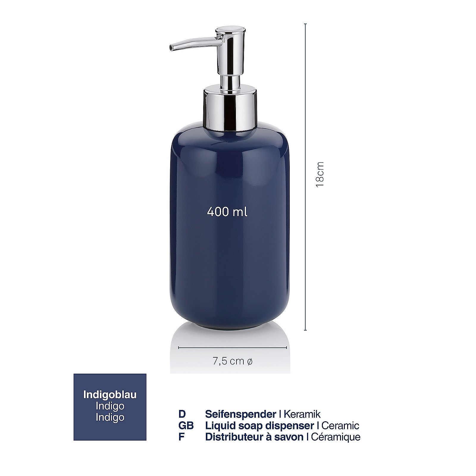 Kela Seifenspender ISABELLA in Farbe indigoblau, Seifenspender, Keramik, Indigo, 400 ml, Abmessungen