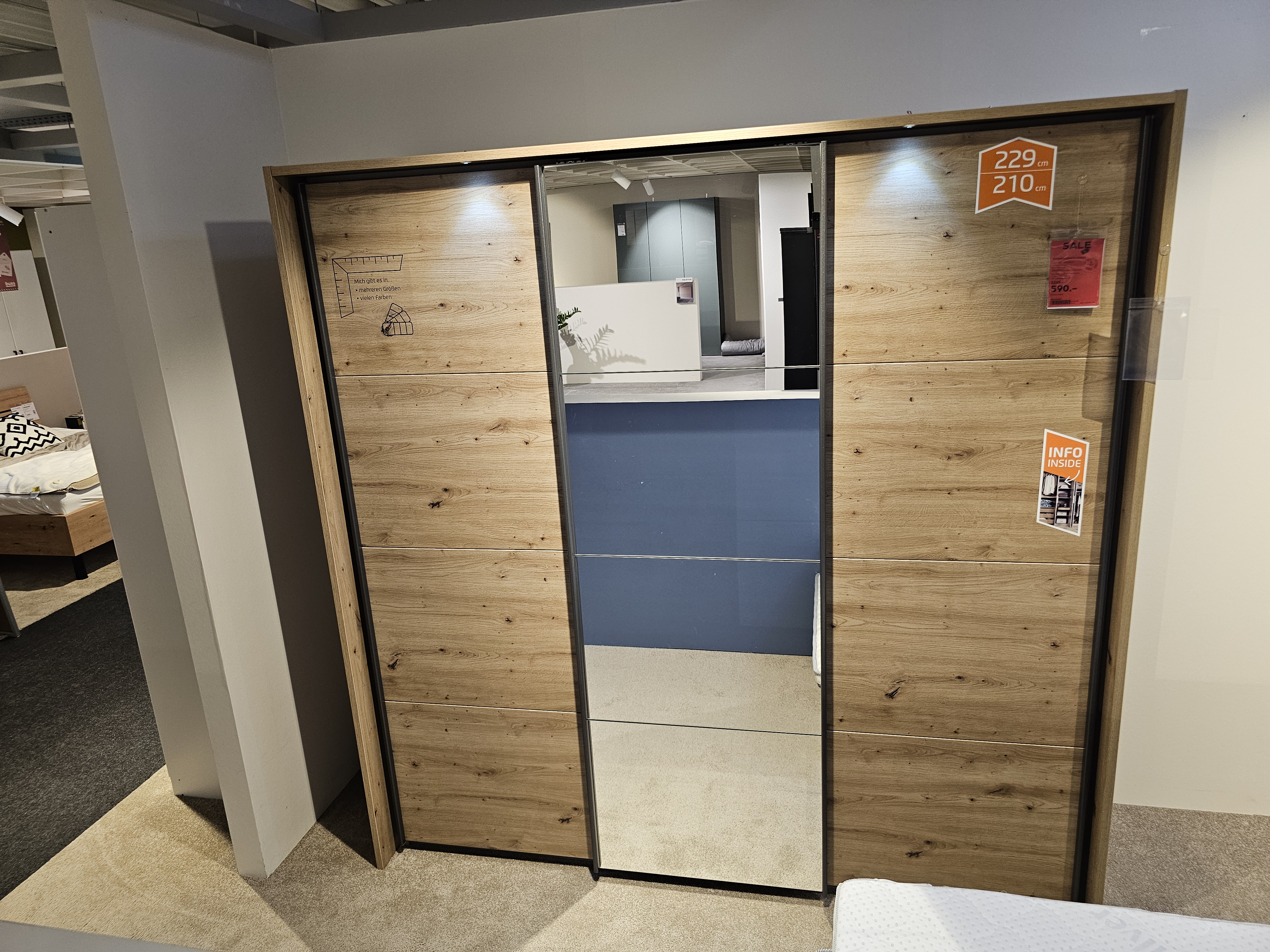 Schwebetürenschrank, Schrank, Wandpaneel, Holzoptik, Spiegelpaneel, Schiebetür