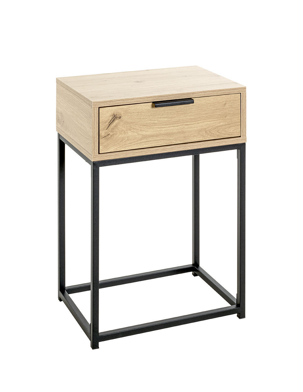 Konsole MALMÖ in Farbe Eiche hell, Schwarz Beistelltisch in Holzfarben, Nachtisch, Schublade, Holz, Metallgestell, Beistelltisch, Nachttisch, Nachtkommode, Holzoberfläche, Metallrahmen, Schublade