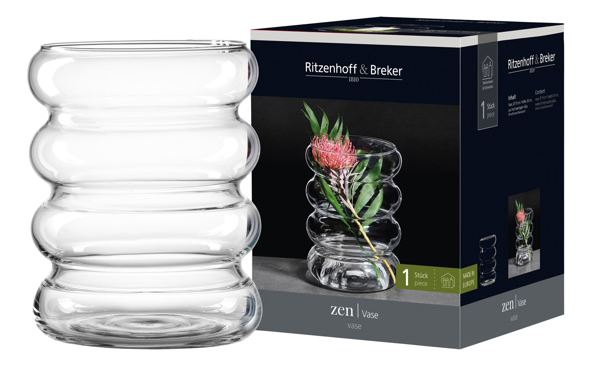 Ritzenhoff & Breker Vase ZEN Höhe24cm,Ø19cm aus Kalk-Soda klar, Vase, Glasvase, Rundvase, Transparent, Zen Vase