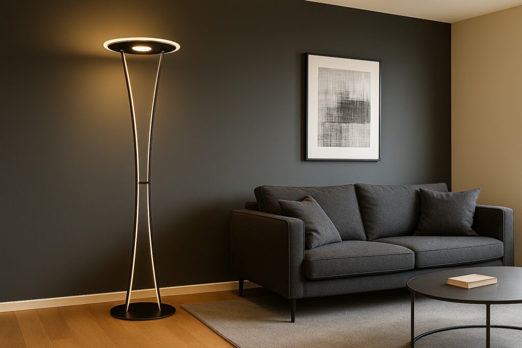 Global Technics LED-Stehleuchte ARNAS 1-flammig in Farbe schwarz, Stehlampe, Wohnzimmer, Sofa, Wandbild, Beleuchtung