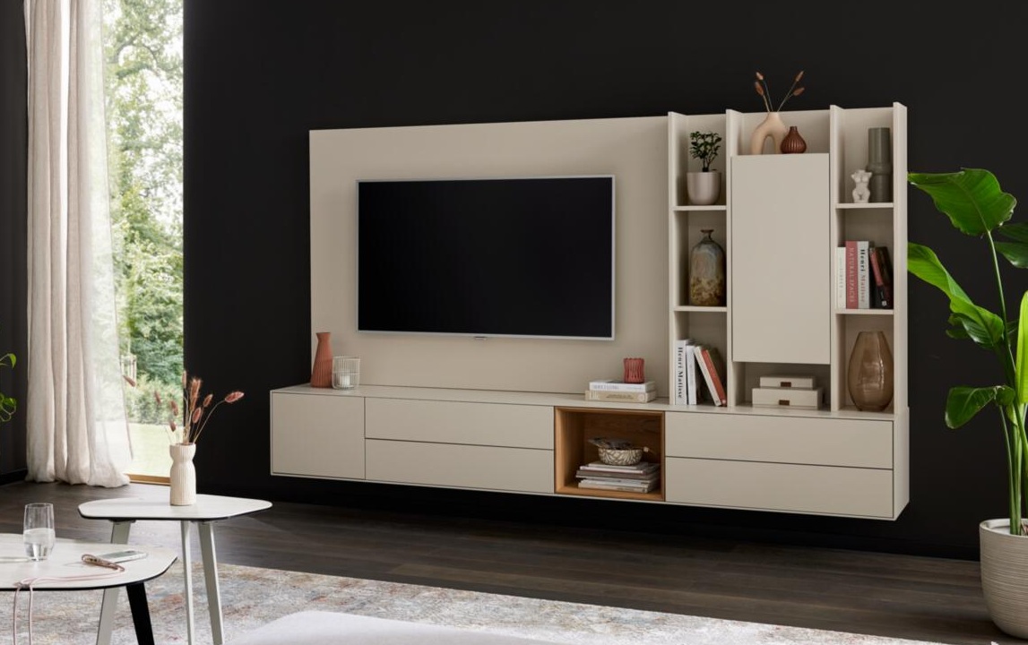 Interliving Lowboardkombination IL-2034 in Farbe Pastellsand matt lackiert/Eiche Echtholz furniert Interliving Lowboardkombination IL-2034 in Farbe Pastellsand matt lackiert/Eiche Echtholz furniert, Wohnwand, Fernsehwand, TV-Lowboard, Regal-System, Schrankwand