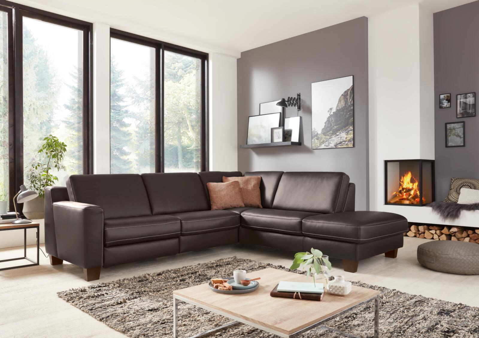 Hukla Rundecke SOFACONCEPT ca. 259x235cm in Leder Torro schoko, ecksofa, leder, schwarz, wohnzimmer, kamin