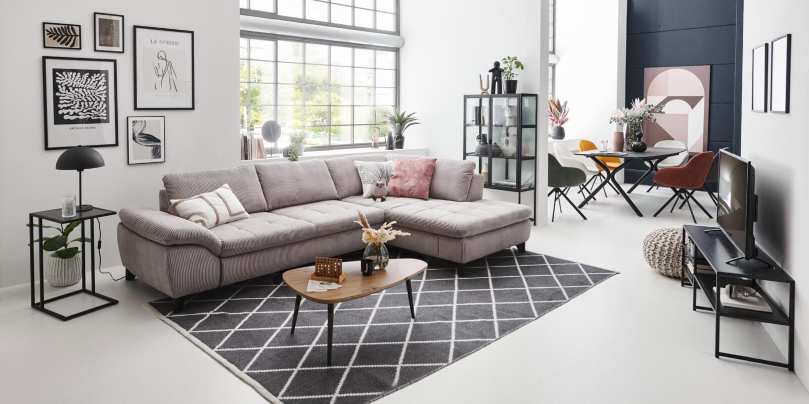 Polstergruppe VS-MP1028 ca. 306x197cm in Stoff Cord grey, Dekoration für Zuhause, Tabelle, Teppich, Wohnzimmer, Couch
