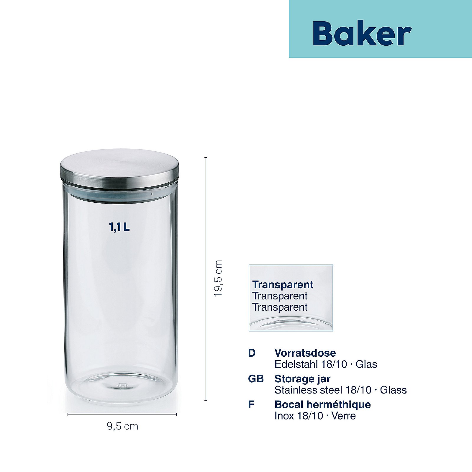 Kela Vorratsdose Baker 1,1L BAKER in Transparent, Glasbehälter, Vorratsdose, 1,1 L, 透明, Edelstahl-Glas