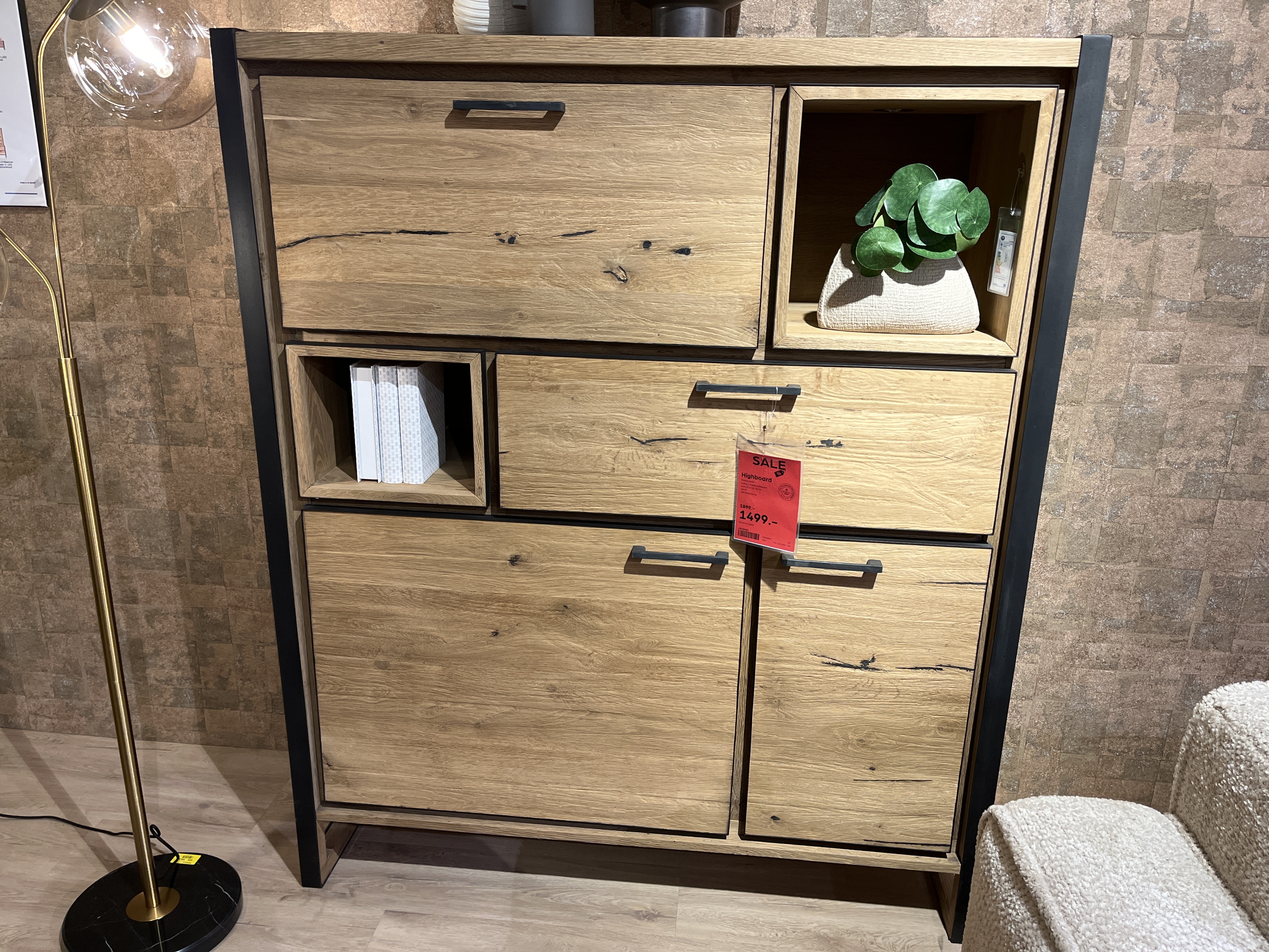 Henders & Hazel Highboard Metalo in Railway brown, Highboard, Eiche-Optik, Schwarzmetall, Schubladen, Offene Fächer
