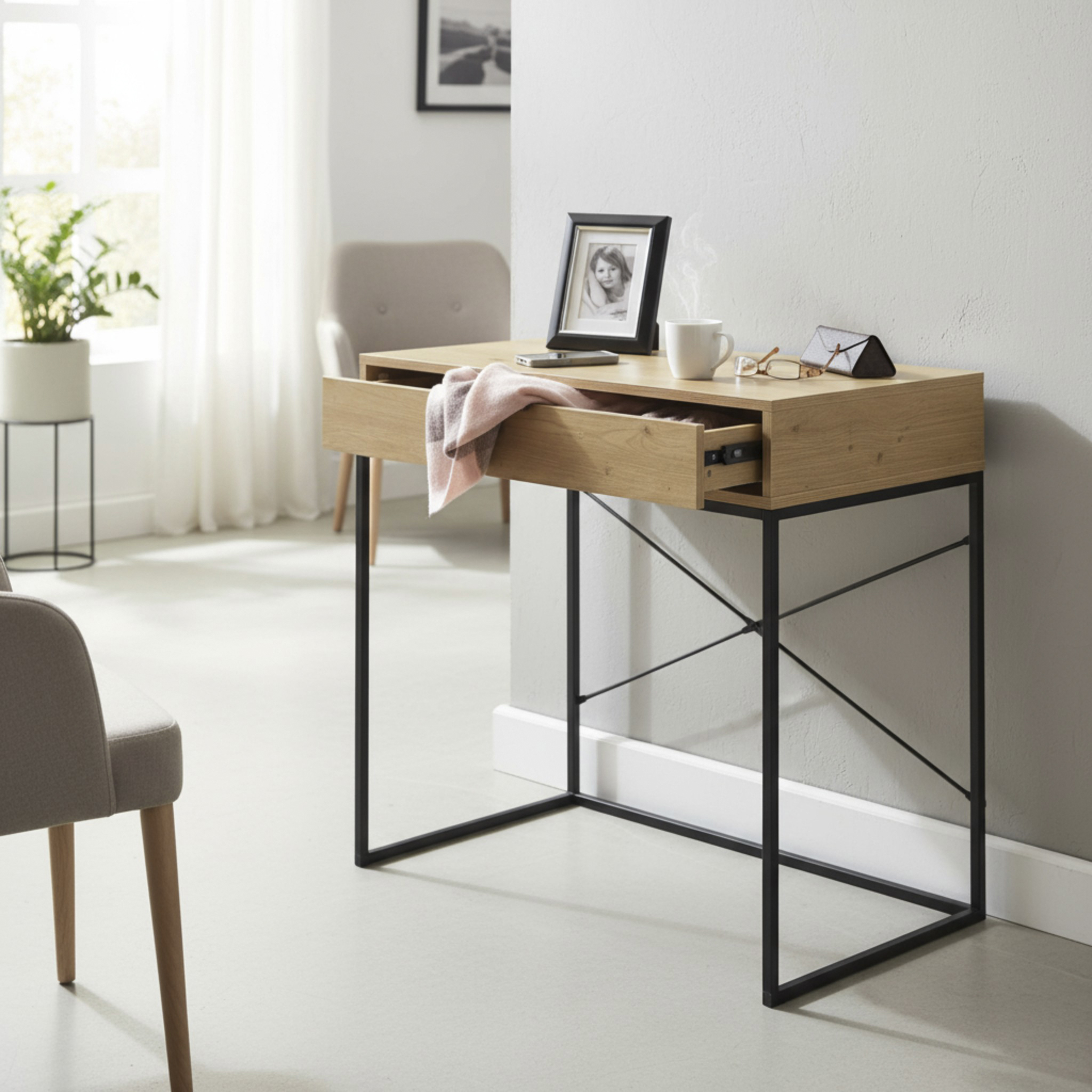 Haku Möbel Konsole MALMÖ 8045 in Farbe Eiche hell, Schwarz, Schreibtisch, Konsole, Holzoberfläche, Metallrahmen, Schublade