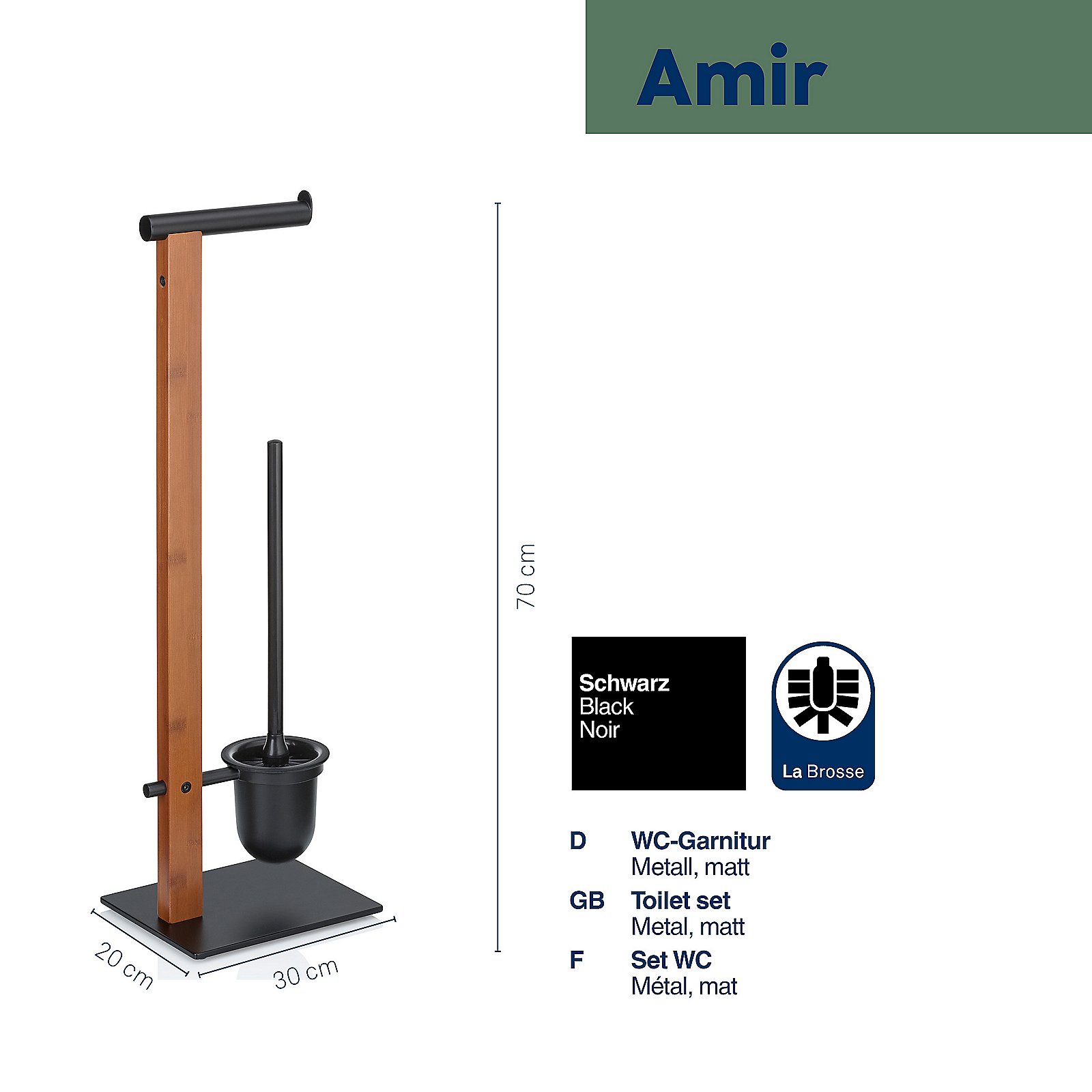 Kela Toilettengarnitur AMIR in Farbe Schwarz, Toilettenzange, WC-Garnitur, Metall, Holz, Schwarz, Toilette-Bürste, Toiletten-Pfannenheber, Holzständer, Metallboden, Schwarze Zubehörteile