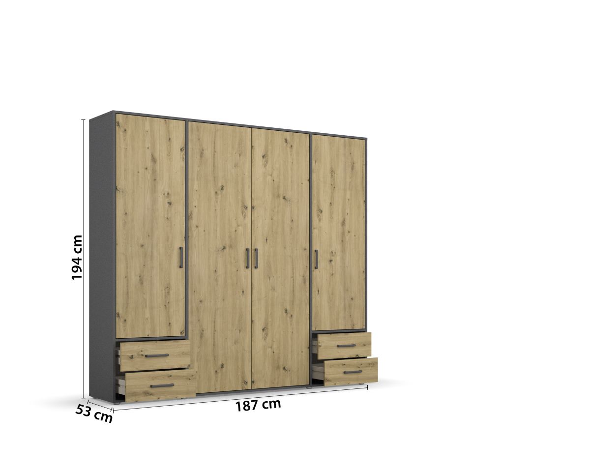 Rauch Drehtürenschrank VOYAGER 4-türig in Dekor-Druck Eiche Artisan/grau-metallic