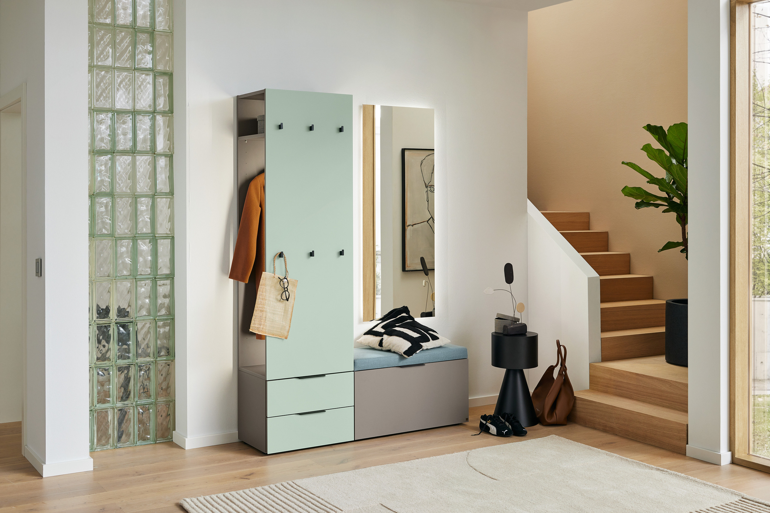 Musterring Garderobenkombination OVIDA ca.B138 H202 T40 cm in Vuklangrau, Garderobe, Schrank, Sitzbank, Stoffkombination, Flur