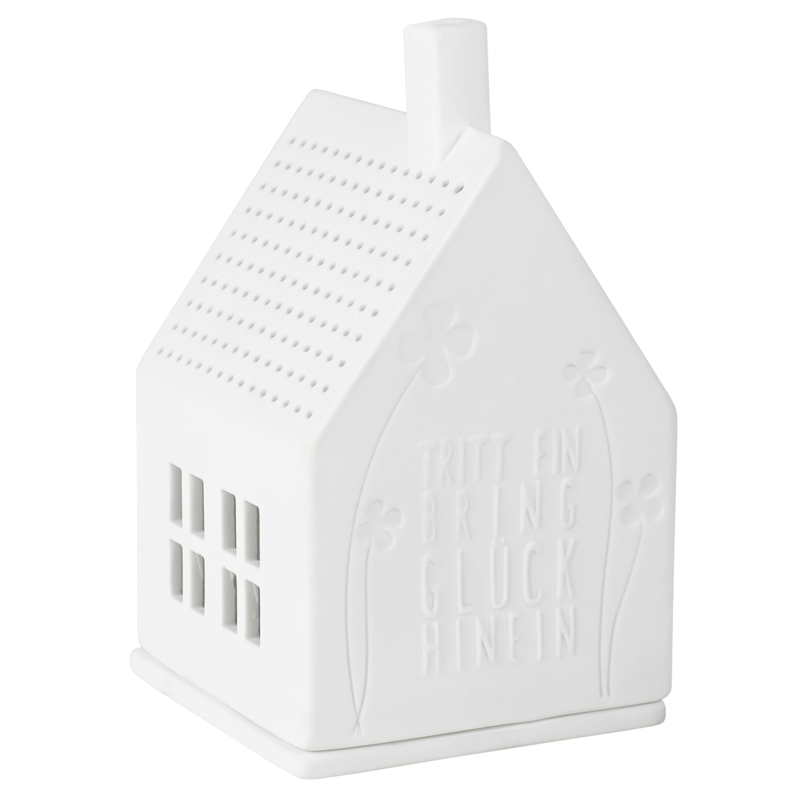 Lichthaus TRITT EIN BRING GLÜCK HINEIN in Tritt ein bring Glück hinein, Miniaturhaus, weißes Haus, Keramik, Dekoration, Lochmuster