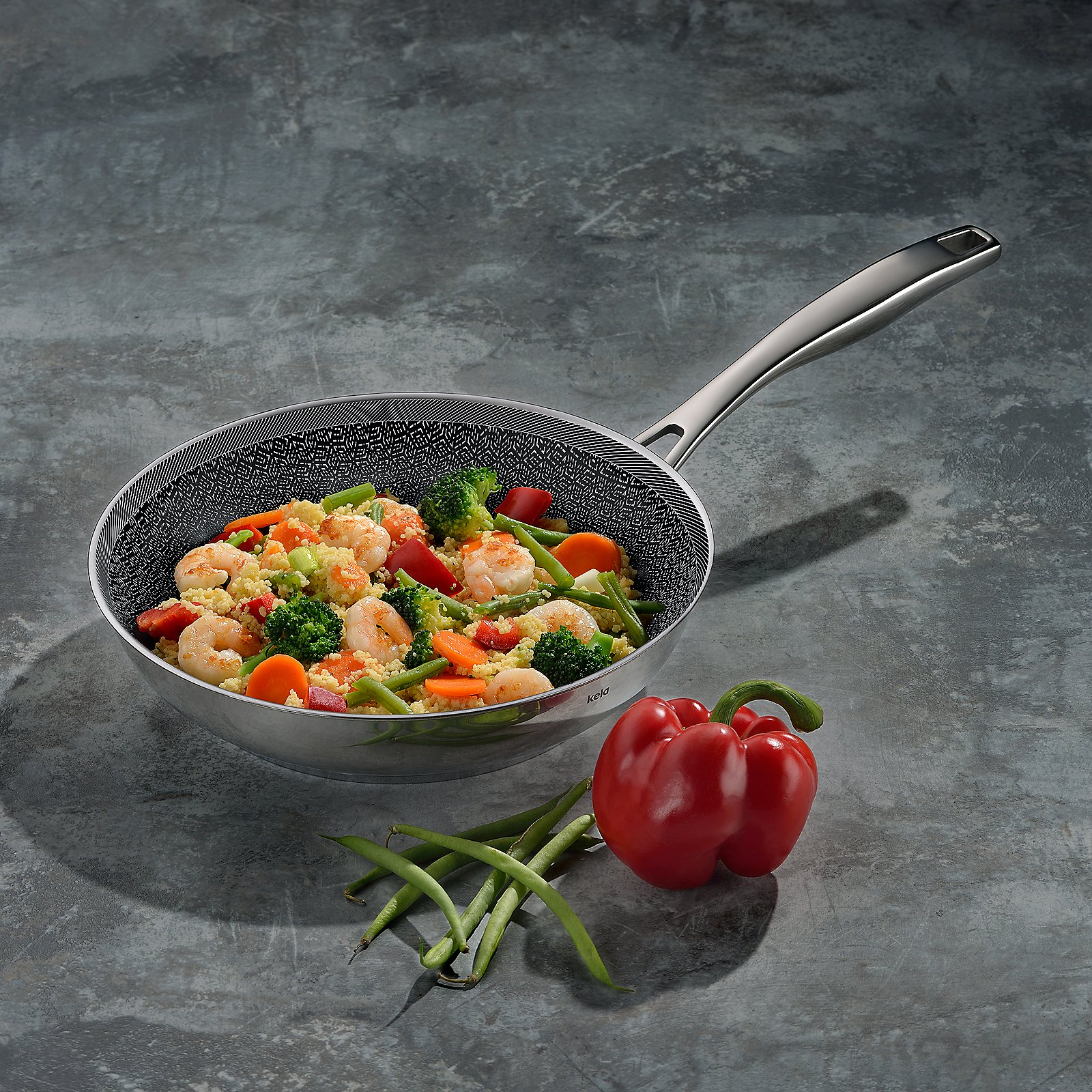 Kela Bratpfanne FLAVORIA in Farbe Silber, Pfanne, Gemüsepfanne, Shrimps, Gemüsemix, Edelstahlpfanne