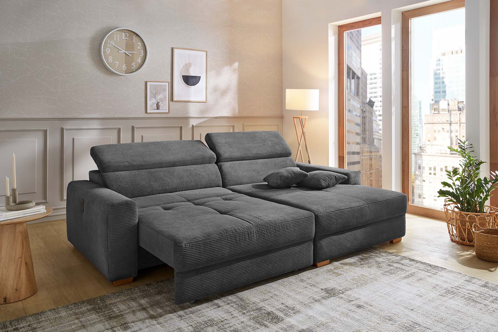 JOB Wohnlandschaft SLIDER ca. 277x187cm in Stoff Cord grau, Moebel, Pflanze, Couch