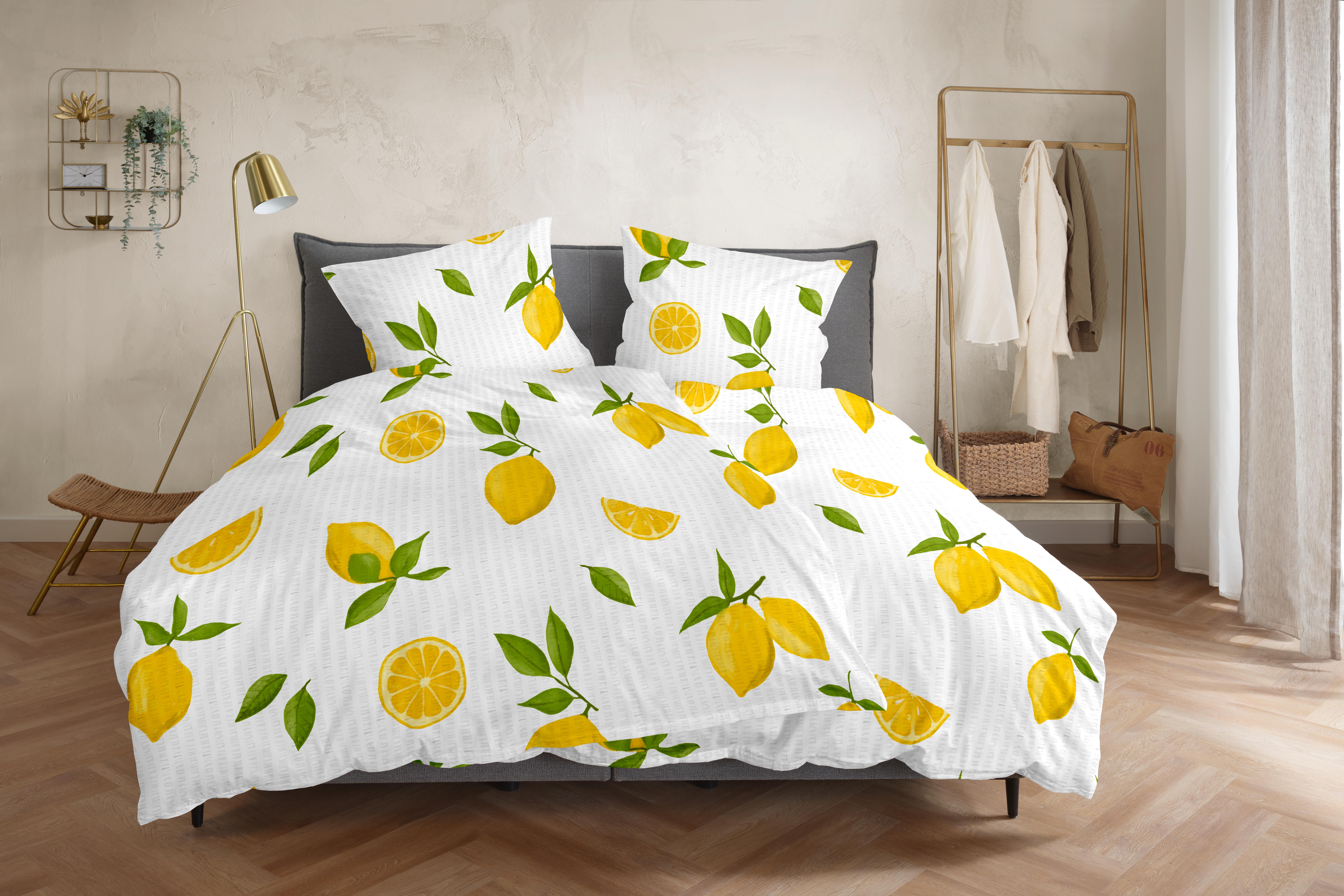 Hahn Haustextilien Bettwäsche 135x200cm in Farbe weiß-gelb zitronen, Moebel, Bett, Bettlaken