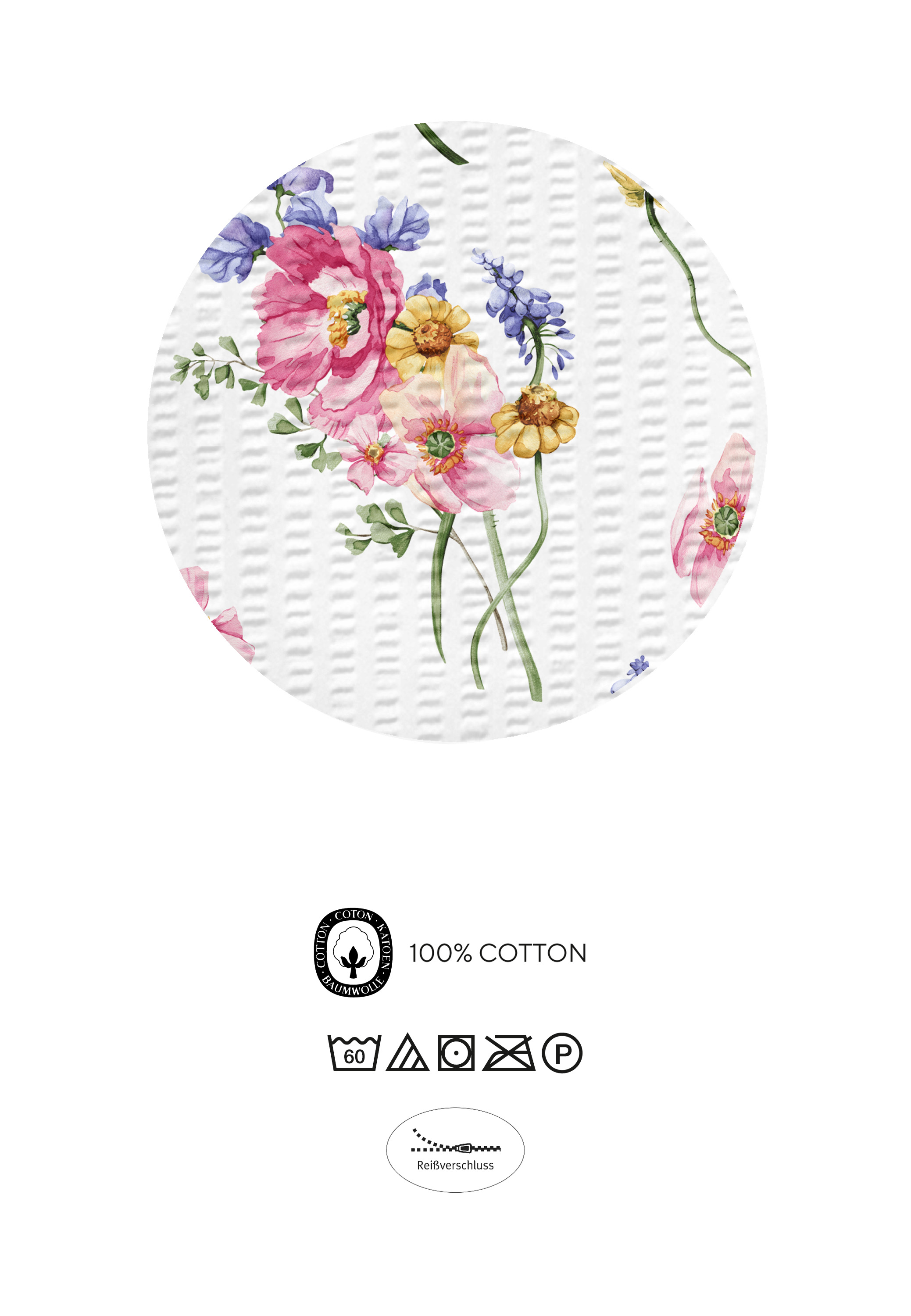 biberna SEERSUCKER-Bettwäsche ca. 155x220cm in Farbe Pink, floral pattern, cotton, plate texture, white background, flowers