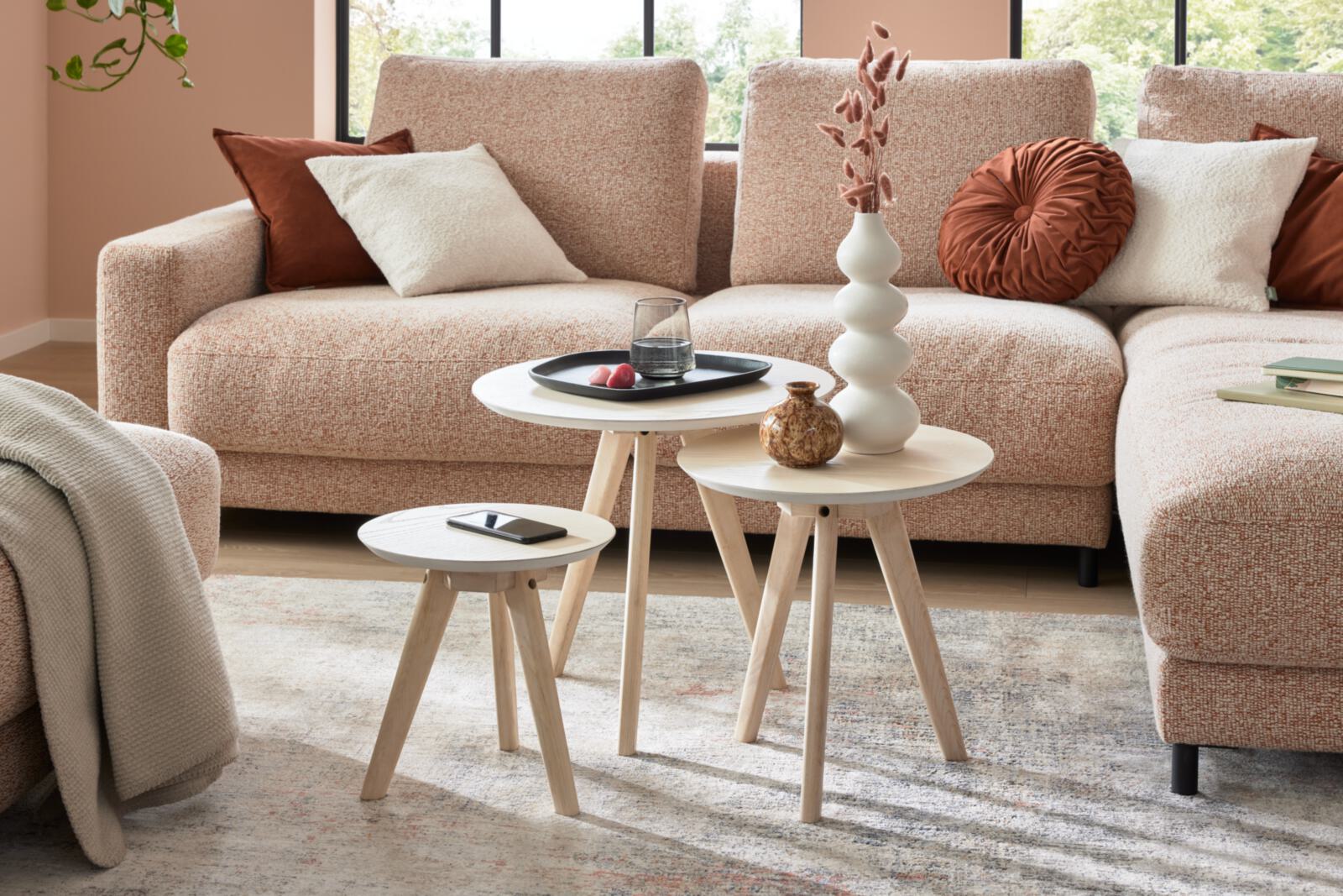 Roomio Couchtisch 3er-Set NO. 2000 mit Platte aus Esche Echtholzfurnier, Gestell massiv weiß gewaschen
