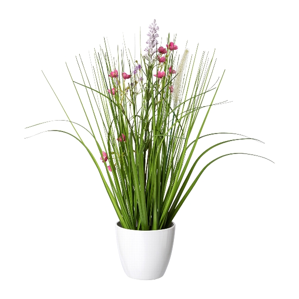 Blüten-Gras-Mix im weißen Topf ALFRED in Rosa / Pink, Kunstpflanze, Graspflanze, Topfgehäuse, Blühende Zweige, Künstliche Pflanze