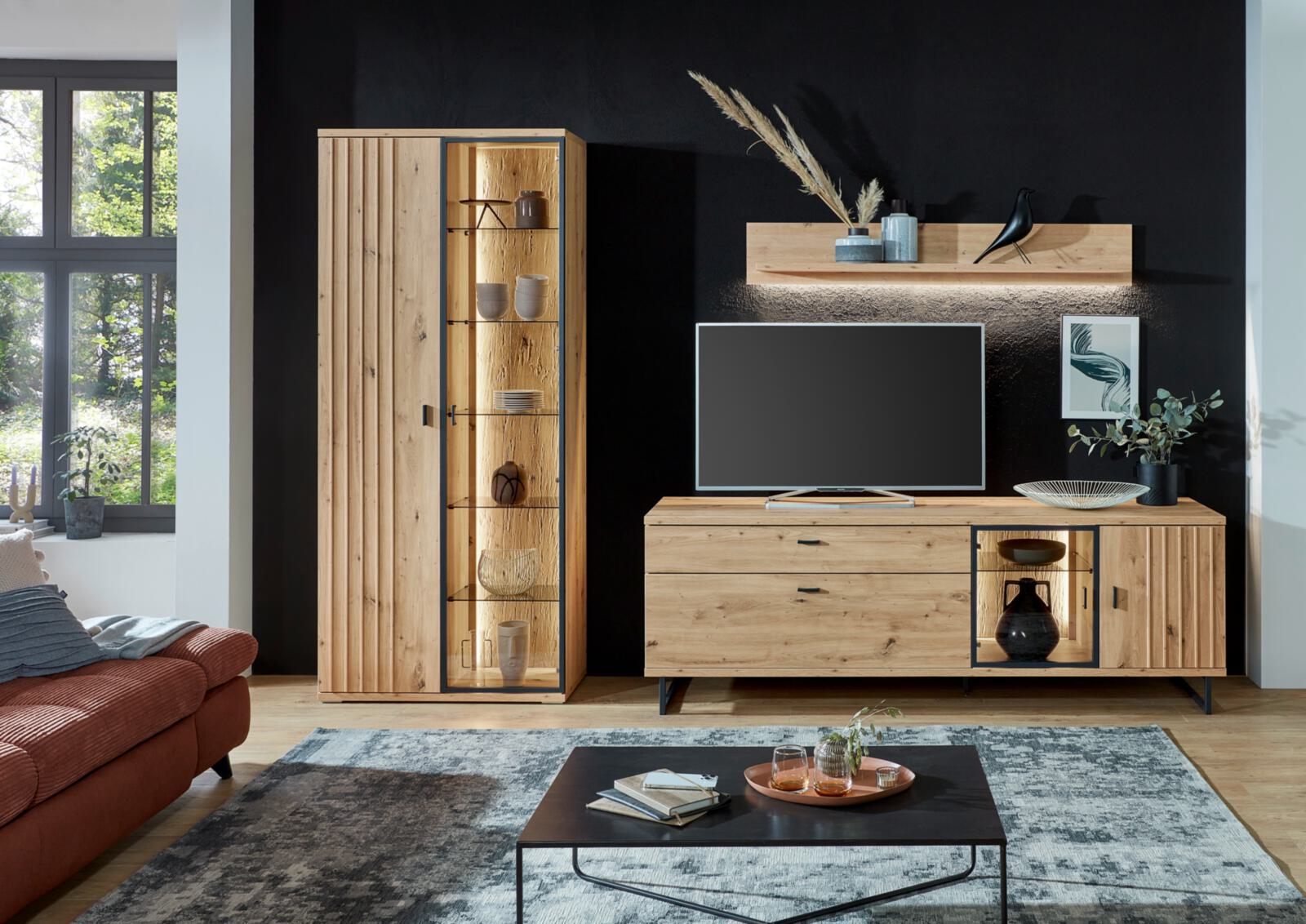 Wandboard BINZ in Holzfarben, Wohnzimmer, Wohnzimmerschrank, Vitrinenschrank, Massivholz, Rustikales Dekor