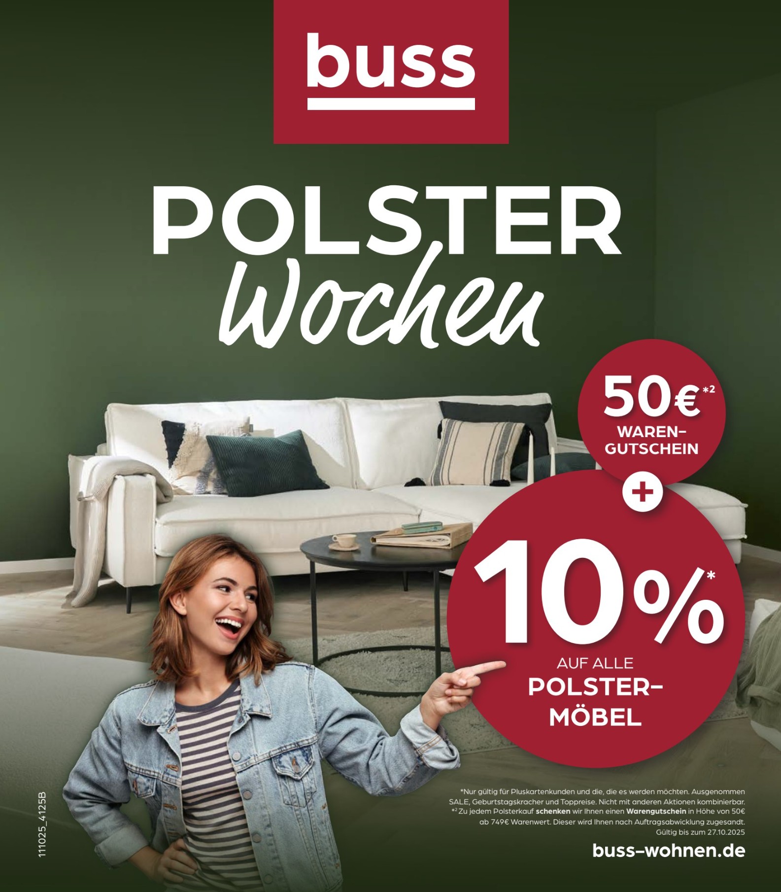 Polster-Wochen – 10 % Rabatt auf alle Polstermöbel! Werbung, Plakat, Erwachsener, Person, Frau