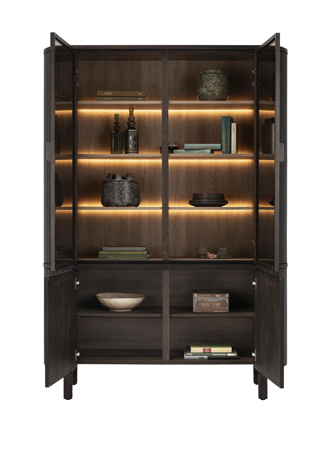 Henders & Hazel Highboard RAVELLO ca. B150 H210 T42 cm in Eiche furniert basalt lackiert, Schrank, Vitrinenschrank, Beleuchtung, Holzoptik, Geschirr