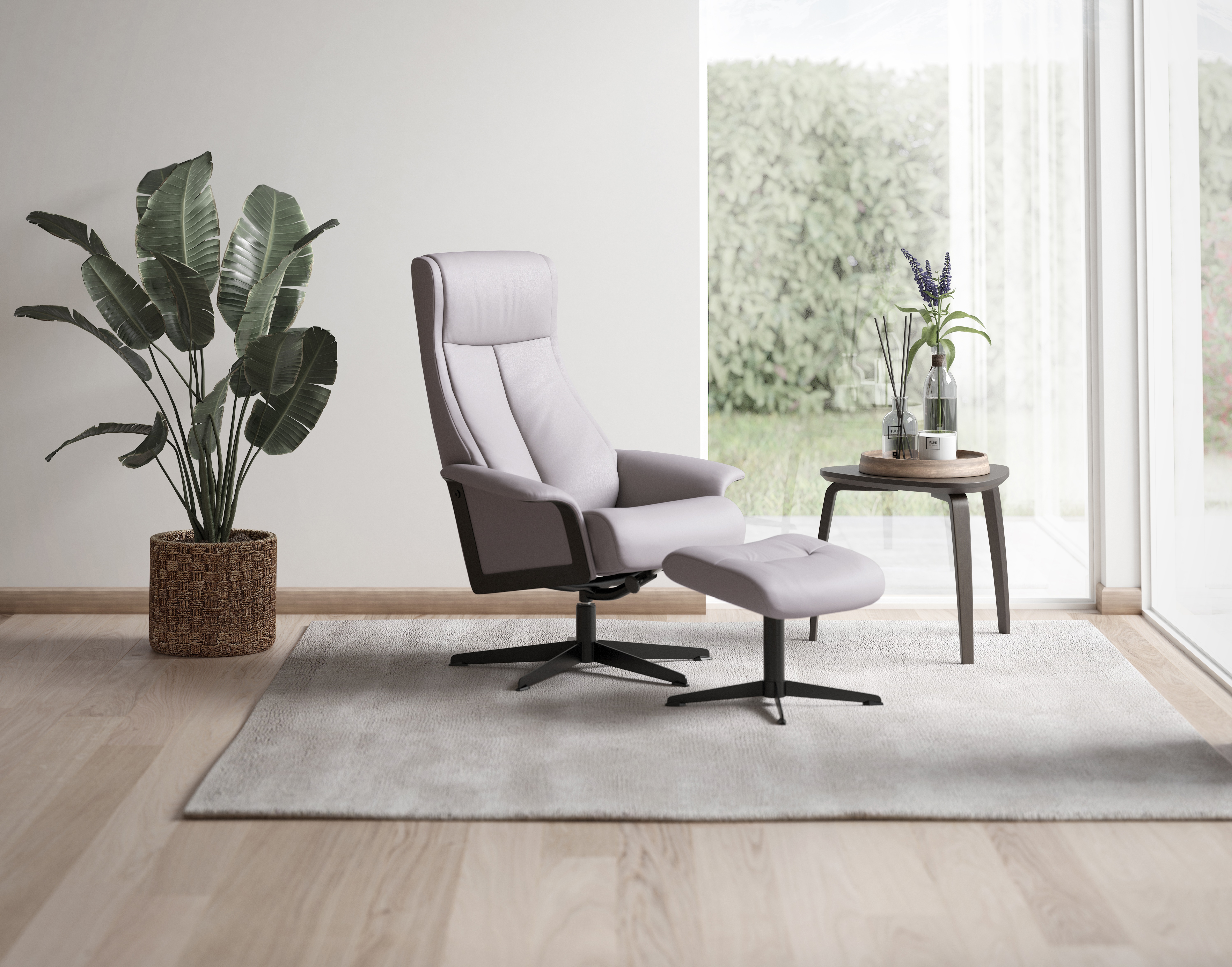 Sessel mit Hocker SCANDI in Leder Prime Cloud