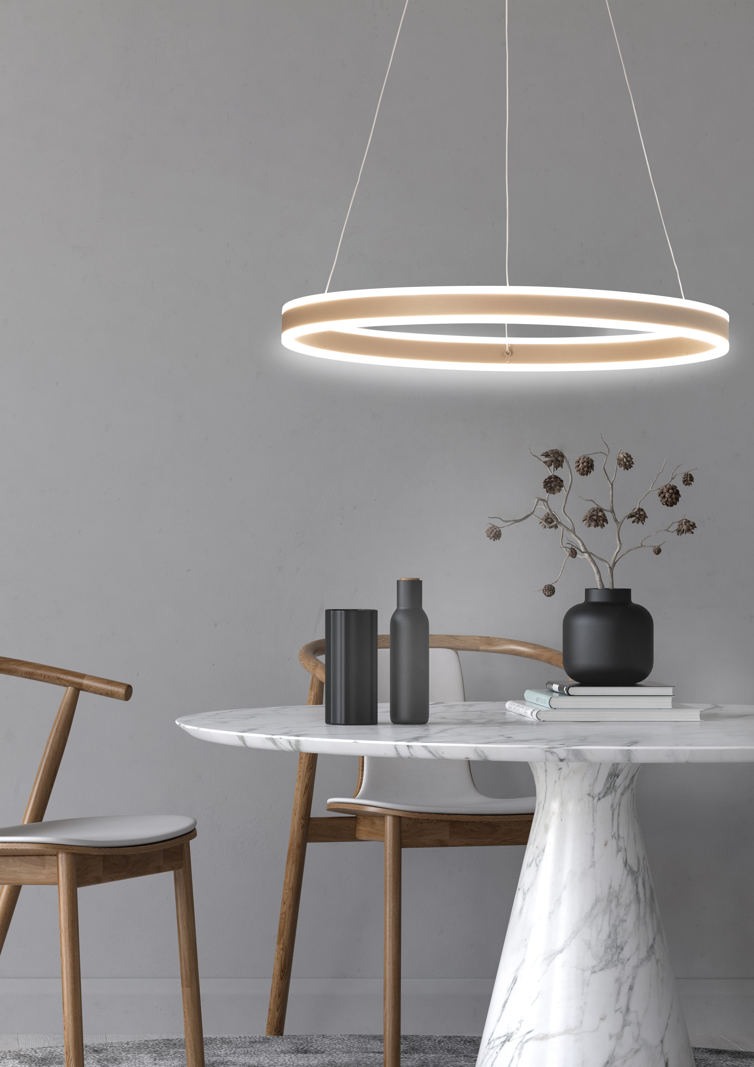 Fischer & Honsel LED-Pendelleuchte SILVIO 1-flammig in Farbe Metall dark-greige/Acryl weiß Fischer & Honsel LED-Pendelleuchte SILVIO 1-flammig in Farbe Metall dark-greige/Acryl weiß, pendant light, circle lamp, LED ring, marble table, minimalist decor