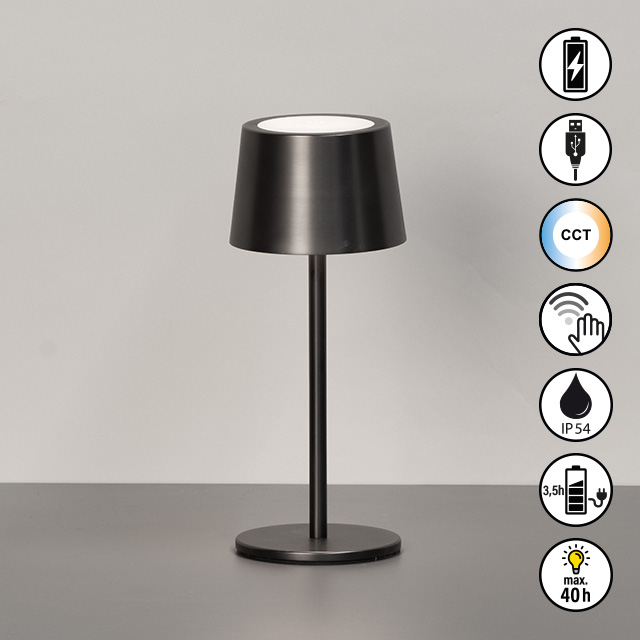 FH Lighting Tischleuchte BELLUNO in gun metall, Akku, USB-Kabel, Tischlampe, LED, Schwarze Lampe, Standlicht, Tischleuchte
