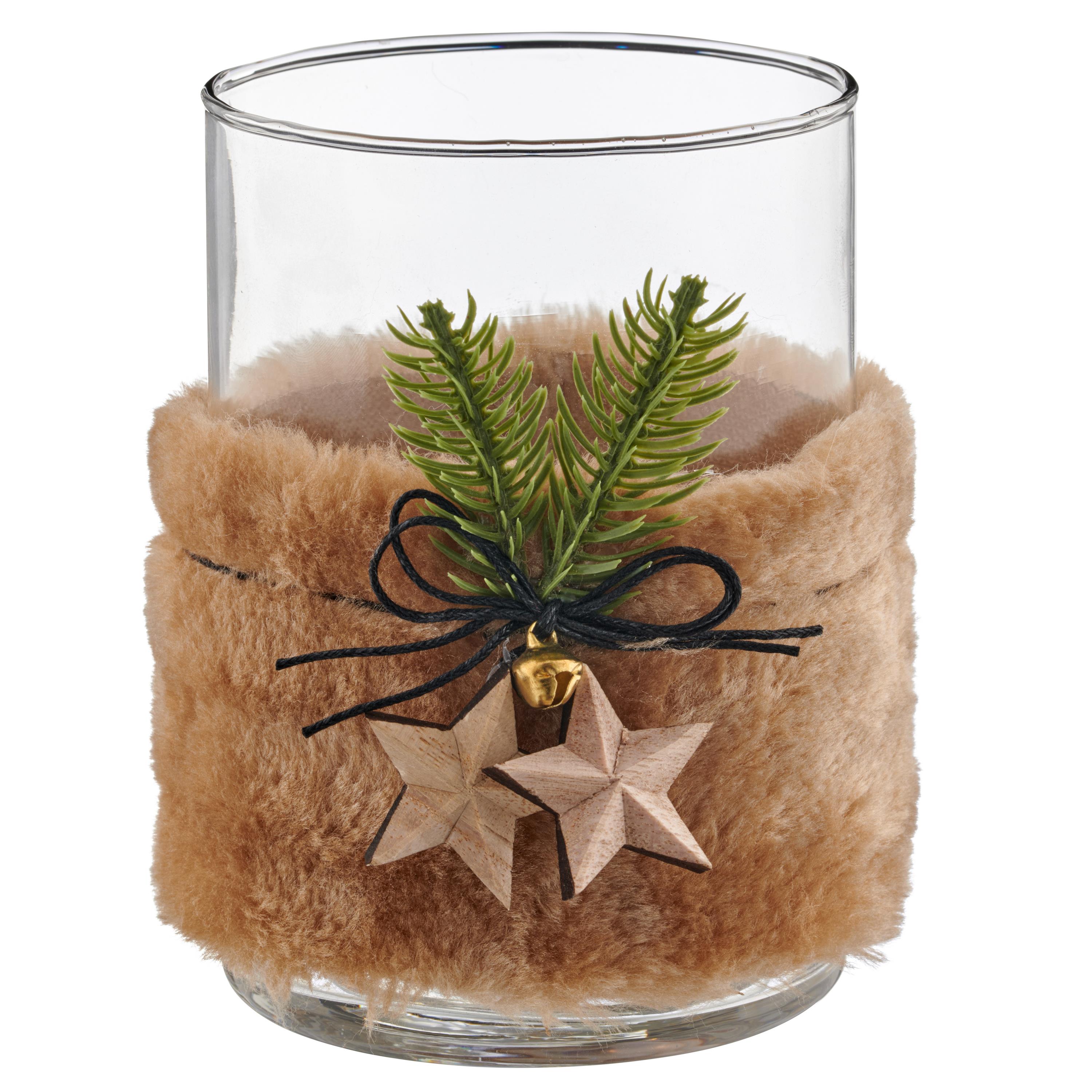 Gasper Glasgefäß mit Fell/Holz Deko DOLDON ca. H13 cm, D10 cm in 36 beige, Glas, Einmachglas, Töpferei, Vase