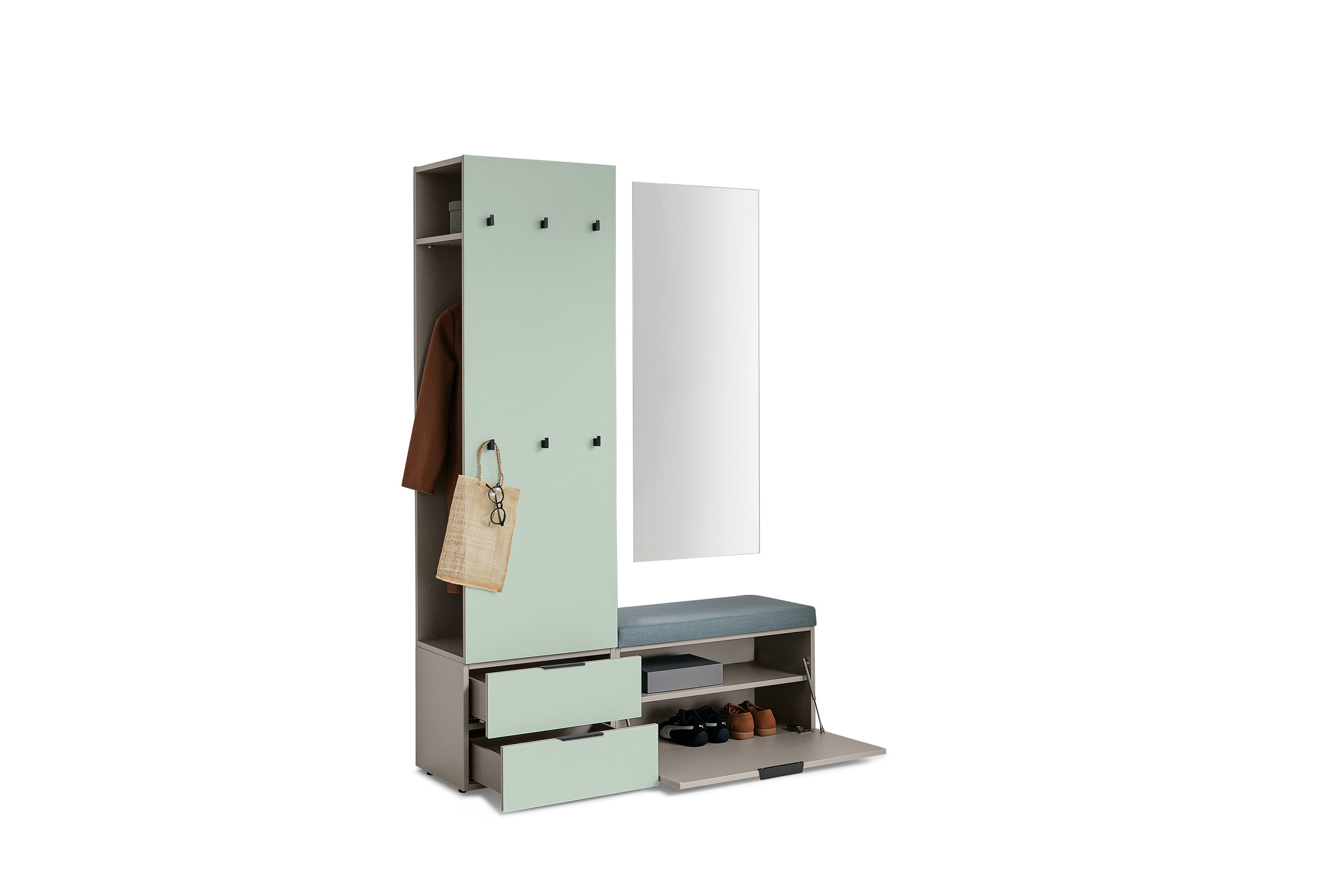 Musterring Garderobenkombination OVIDA ca.B138 H202 T40 cm in Vuklangrau, Garderobe, Kombination aus Schrank, Schuhfach, Spiegel, Sitzbank