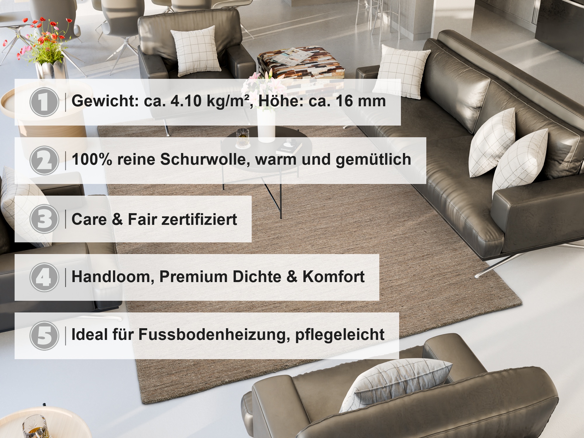OCI Wollteppich PURITAS ca. 140x200cm in Farbe holz, Sofa, Leder, Wohnzimmer, Graue Couch, Kissen